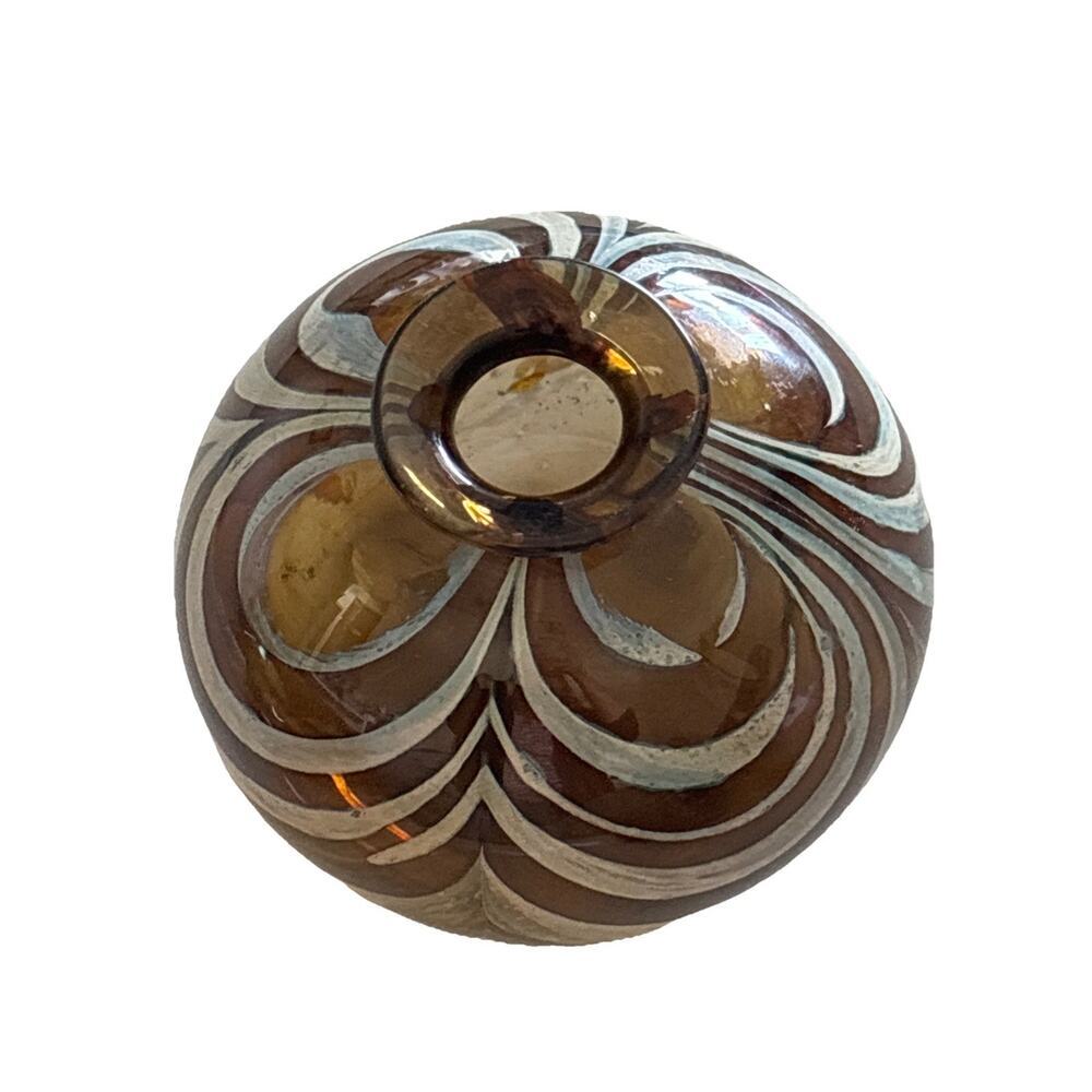 Handblown Round Glass Bud Vase Murano Style Swirl Bowl Artist Signed SLY 73 4” - Picture 7 of 7